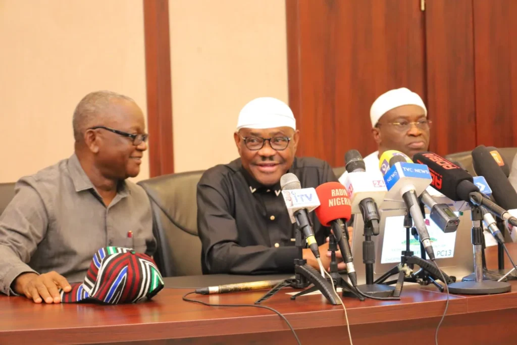 FCT Minister, Nyesom Wike, former Benue State Governor, Samuel Ortom, and former Abia State Governor, Okezie Ikpeazu during closed-door PDP stakeholders meeting to address the party's lingering crisis