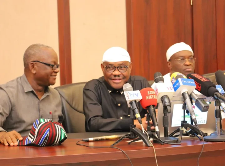 FCT Minister, Nyesom Wike, former Benue State Governor, Samuel Ortom, and former Abia State Governor, Okezie Ikpeazu during closed-door PDP stakeholders meeting to address the party's lingering crisis