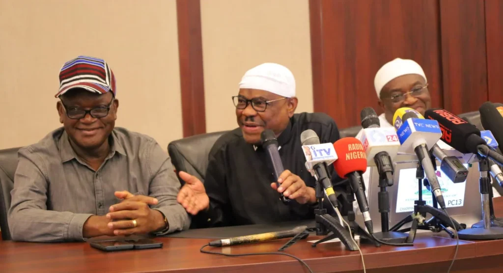 Former Benue State Governor, Samuel Ortom; FCT Minister, Nyesom Wike; and former Abia State Governor, Okezie Ikpeazu during closed-door PDP stakeholders meeting to address the party's lingering crisis