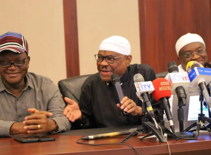 Former Benue State Governor, Samuel Ortom; FCT Minister, Nyesom Wike; and former Abia State Governor, Okezie Ikpeazu during closed-door PDP stakeholders meeting to address the party's lingering crisis