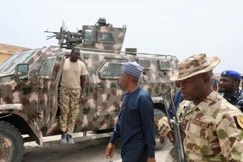 Borno State Governor, Babagana Zulum visits troops in Malam-Fatori