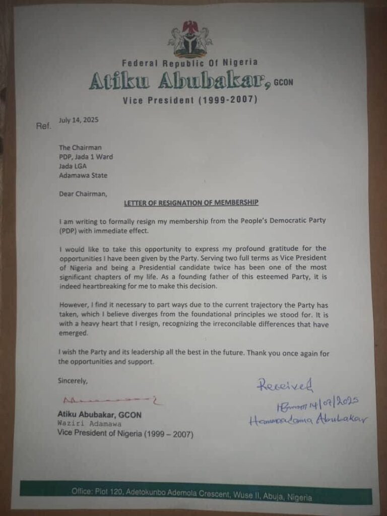 2027: Atiku officially resigns from PDP 2 20250716 145600