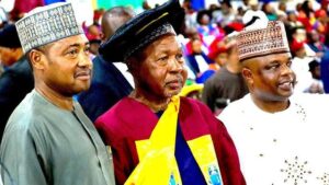Chairman, Board of Trustees (BoT) of TETFund, Aminu Masari (middle) was conferred with an Honorary Doctorate Degree of Doctor of Science in Public Administration (DSc Honoris Causa) by UNIPORT