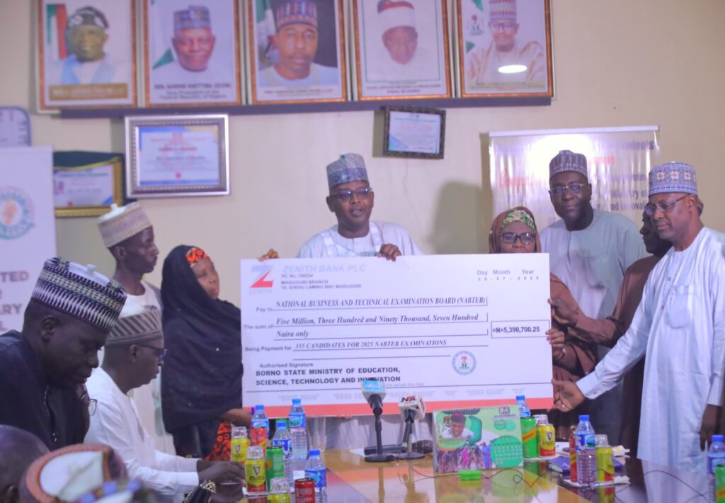 Commissioner for Education, Science, Technology, and Innovation, Hon. Engr. Lawan Abba Wakilbe, during a symbolic check presentation ceremony held at the Quality Assurance Unit in Maiduguri.