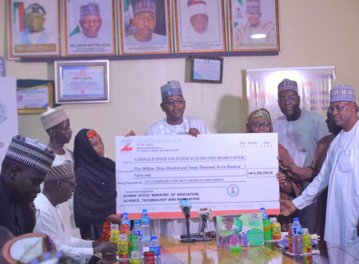 Commissioner for Education, Science, Technology, and Innovation, Hon. Engr. Lawan Abba Wakilbe, during a symbolic check presentation ceremony held at the Quality Assurance Unit in Maiduguri.