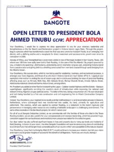 Dangote's open letter to President Bola Tinubu