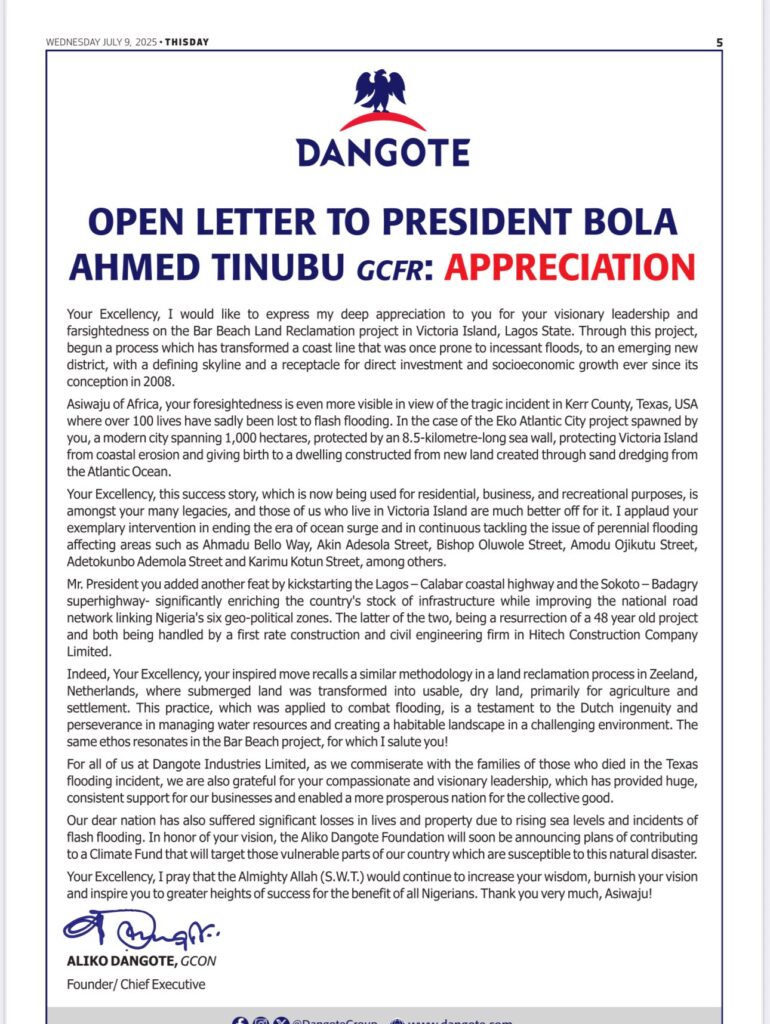 Dangote's Open Letter to President Bola Tinubu GCFR: An Appreciation 2 Dangote's open letter to President Bola Tinubu