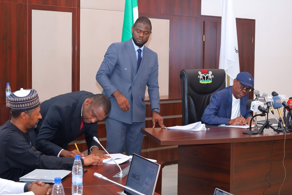 L-R Executive Director, MAG International Links limited, Dr. Kassim Gidado, Group Legal Secretary, MAG International Links limited, Abi Haruna, FCT General Counsel, Barr Salman Dako, FCT Minister Barr Nyesom Wike at the signing of a development agreement between the FCTA and MAG International Links limited on the timeline for the development of the City Walk Abuja project on Wednesday