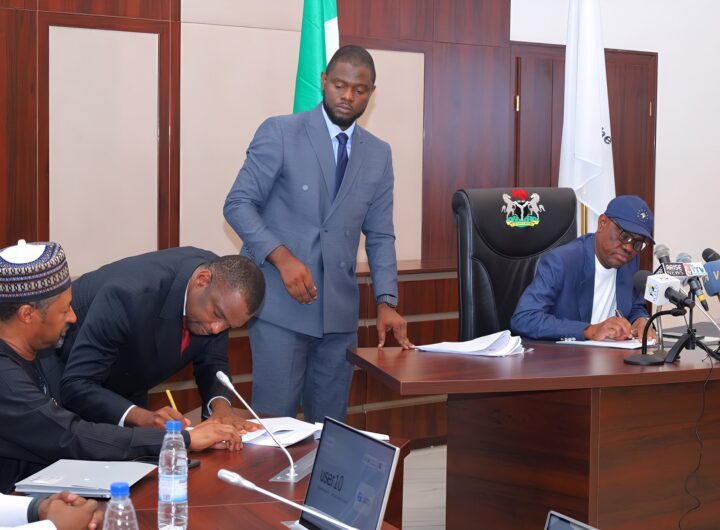 L-R Executive Director, MAG International Links limited, Dr. Kassim Gidado, Group Legal Secretary, MAG International Links limited, Abi Haruna, FCT General Counsel, Barr Salman Dako, FCT Minister Barr Nyesom Wike at the signing of a development agreement between the FCTA and MAG International Links limited on the timeline for the development of the City Walk Abuja project on Wednesday