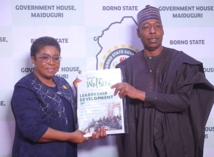 Head of Service of the Federation, Mrs Didi Esther Walson-Jack, and Borno State Governor, Babagana Zulum, during a courtesy visit at the Government House, Maiduguri.