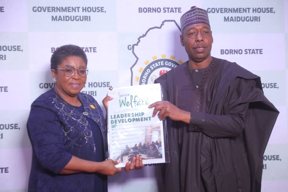 Head of Service of the Federation, Mrs Didi Esther Walson-Jack, and Borno State Governor, Babagana Zulum, during a courtesy visit at the Government House, Maiduguri.