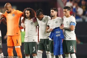 Chelsea players, held a customised shirt bearing the names of Diogo Jota and his brother, Andre Silva, who both died during a ghastly motor accident in Spain in the early hours of Thursday.