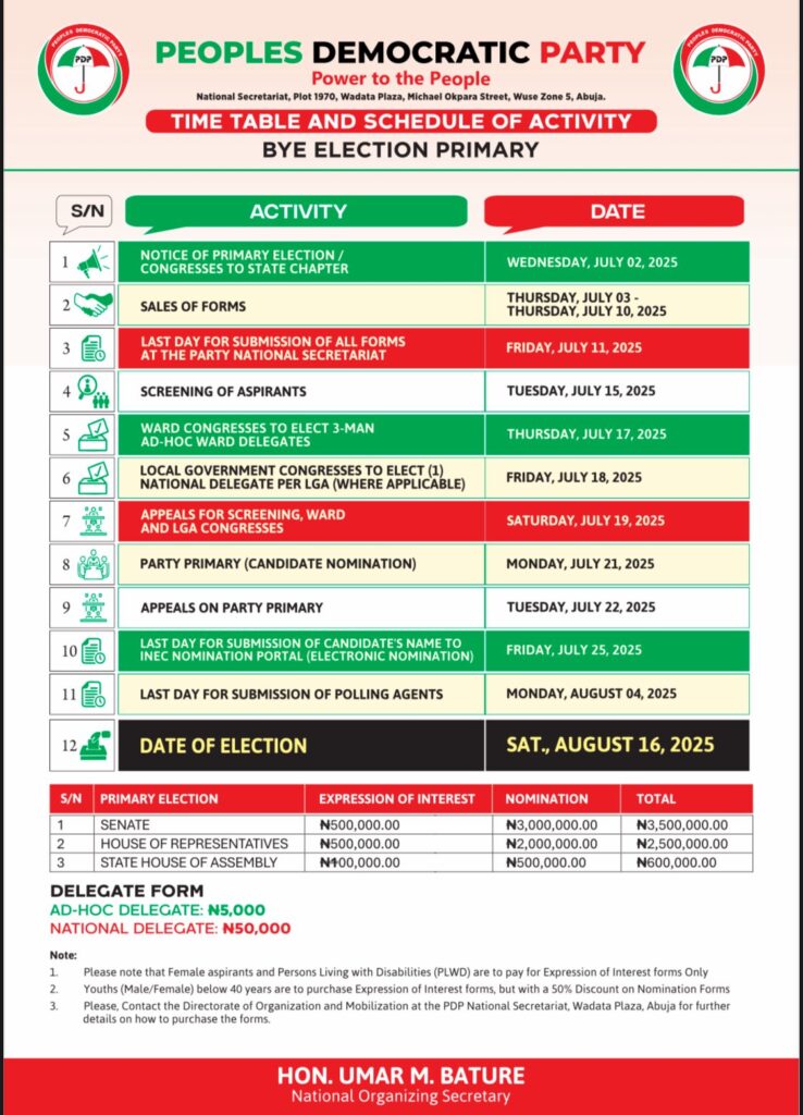 PDP kicks off sale of nomination forms for by-elections on July 3 2 PDP