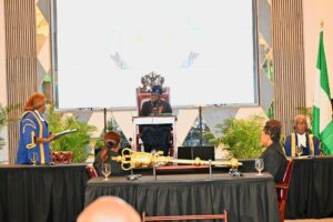 President of the Saint Lucian Senate, Alvina Reynolds reeling out figures in her address as she welcomed President Bola Tinubu to the joint session of the Lucian bicameral parliament on Monday.