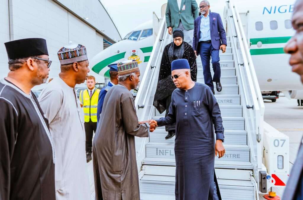VP Kashim Shettima arrives London to accompany late Buhari's body to Nigeria. Photo credit: Official SKSM