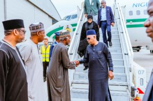 VP Kashim Shettima arrives London to accompany late Buhari's body to Nigeria. Photo credit: Official SKSM