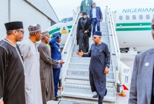 VP Kashim Shettima arrives London to accompany late Buhari's body to Nigeria. Photo credit: Official SKSM