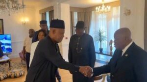 VP Kashim Shettima received Former President Goodluck Jonathan and former Ghanaian President Nana Addo Dankwa Akufo-Addo during a condolence visit in London