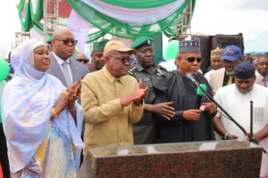 VP Kashim Shettima, FCT Minister, Nyesom Wike and FCT Minister of State, Mariya Mahmood, during the commissioning of the dualized and upgraded Ushafa to War College/Army Checkpoint roads in Bwari Area Council of the FCT
