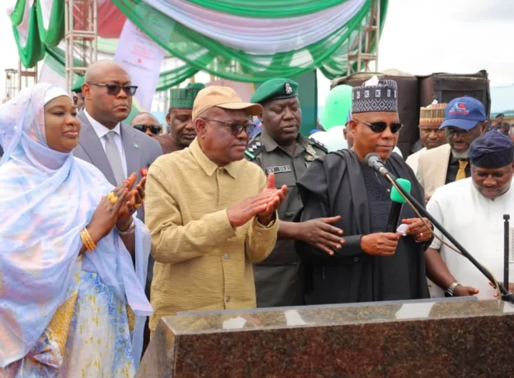 VP Kashim Shettima, FCT Minister, Nyesom Wike and FCT Minister of State, Mariya Mahmood, during the commissioning of the dualized and upgraded Ushafa to War College/Army Checkpoint roads in Bwari Area Council of the FCT