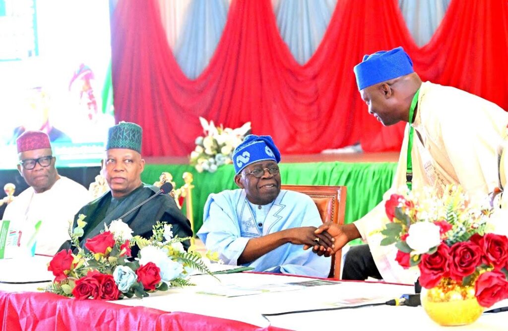 President Bola Tinubu exchanging pleasantry with the new APC chairman, Prof Nentawe Yilwatda during the APC NEC meeting in Abuja