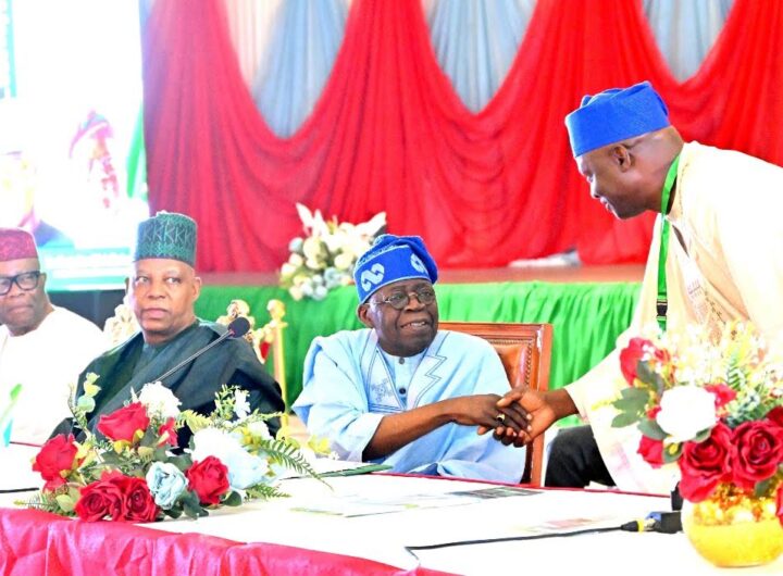 President Bola Tinubu exchanging pleasantry with the new APC chairman, Prof Nentawe Yilwatda during the APC NEC meeting in Abuja