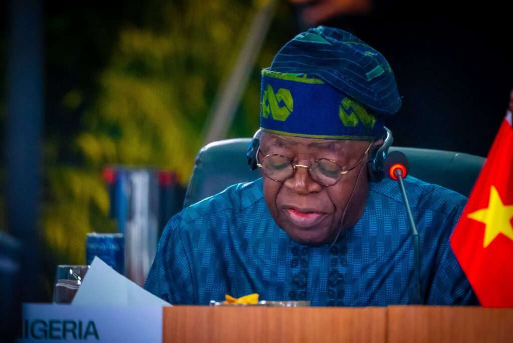 President Bola Tinubu speaks at the 17th meeting of the Global South and the Emerging Economies bloc, BRICS, on Saturday in Rio de Janeiro, Brazil