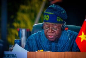 President Bola Tinubu speaks at the 17th meeting of the Global South and the Emerging Economies bloc, BRICS, on Saturday in Rio de Janeiro, Brazil