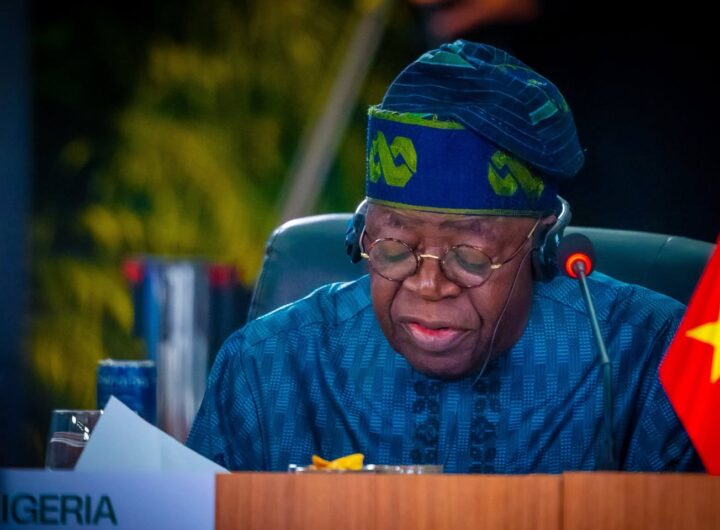 President Bola Tinubu speaks at the 17th meeting of the Global South and the Emerging Economies bloc, BRICS, on Saturday in Rio de Janeiro, Brazil