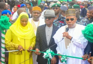 President Bola Tinubu (represented by Vice President Kashim Shettima), FCT Minister Nyesom Wike and FCT Minister of State, Dr. Mariya Mahmoud, during the inauguration of newly rehabilitated roads in Gwagwalada, Abuja.