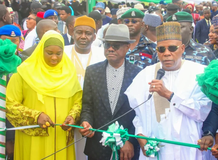 President Bola Tinubu (represented by Vice President Kashim Shettima), FCT Minister Nyesom Wike and FCT Minister of State, Dr. Mariya Mahmoud, during the inauguration of newly rehabilitated roads in Gwagwalada, Abuja.
