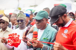 FCT Minister, Nyesom Wike and Edo Governor, Monday Okpebholo during the inauguration of Edo Line, a state-owned transport company, in Benin on Tuesday