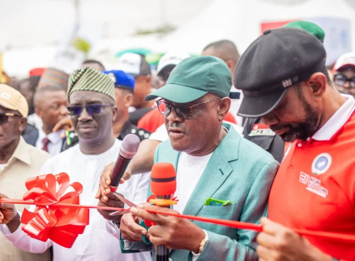 FCT Minister, Nyesom Wike and Edo Governor, Monday Okpebholo during the inauguration of Edo Line, a state-owned transport company, in Benin on Tuesday