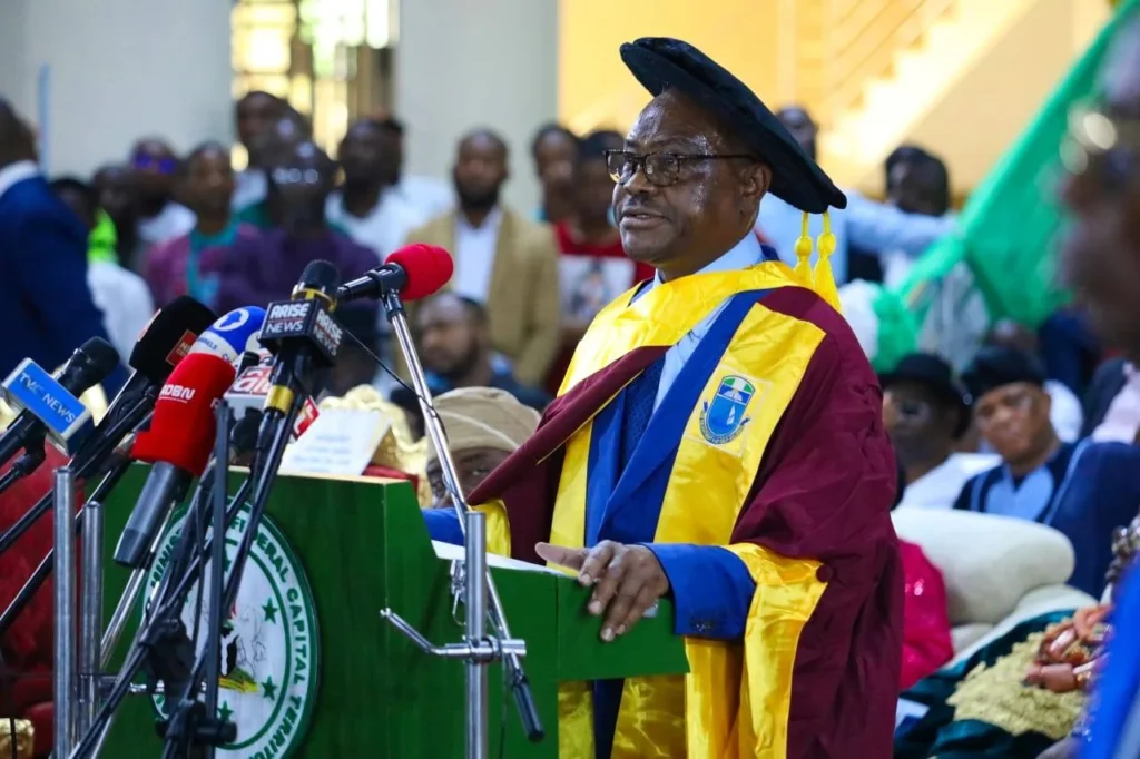 FCT Minister, Nyesom Wike, speaking during the University of Port-Harcourt (UNIPORT’s) 35th Combined Convocation and 50th Anniversary celebration.