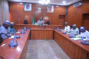 Borno State Governor, Babagana Zulum furing a high-level meeting held at the Government House
