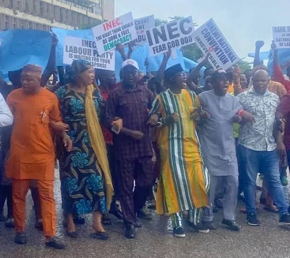 LP members protesting at INEC HQ in Abuja