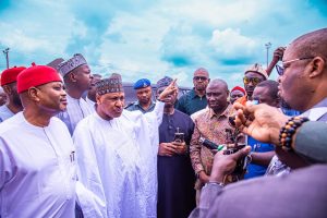 Minister of Information and National Orientation, Mohammed Idris, speaking to the press when he led a strong federal government delegation to the site of the road project as part of a wider Citizens’ Engagement tour of the South East