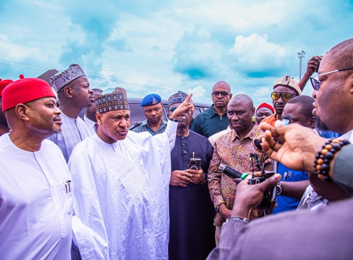 Minister of Information and National Orientation, Mohammed Idris, speaking to the press when he led a strong federal government delegation to the site of the road project as part of a wider Citizens’ Engagement tour of the South East