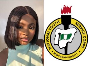 Photo combo of NYSC logo and Rita Ushie Uguamaye, popularly known as "Raye"