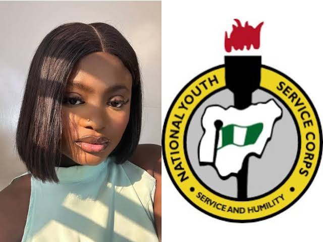 Photo combo of NYSC logo and Rita Ushie Uguamaye, popularly known as "Raye"
