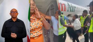 Photo combo of Peter Obi and the confrontation between Ms. Emmanson and Ibom Air crew member