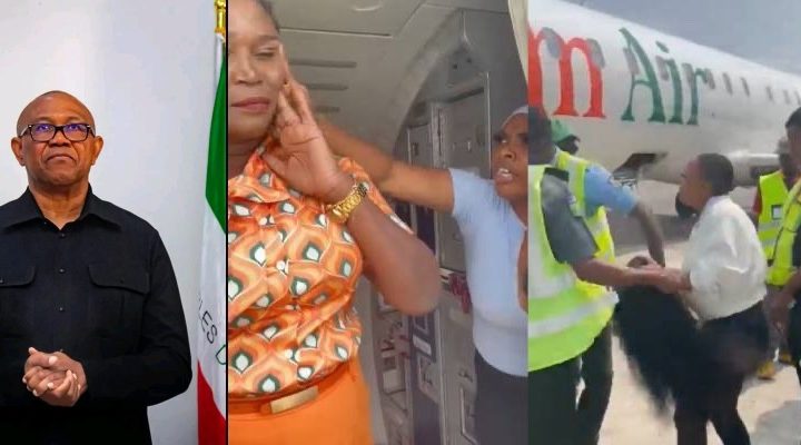 Photo combo of Peter Obi and the confrontation between Ms. Emmanson and Ibom Air crew member