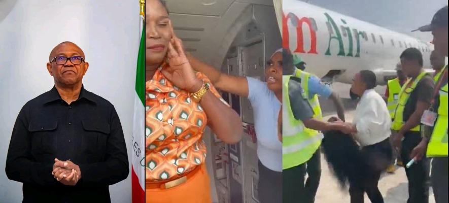 Photo combo of Peter Obi and the confrontation between Ms. Emmanson and Ibom Air crew member