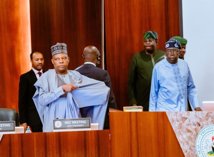 President Bola Tinubu and VP Kashim Shettima during the NEC meeting in Abuja