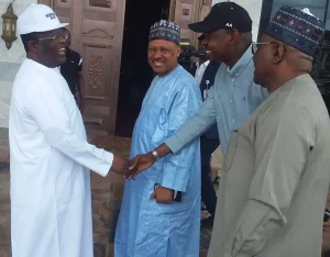 David Umahi, receiving the Minister of Information and National Orientation, Alhaji Mohammed Idris during a courtesy visit to him in Abakaliki on Saturday.