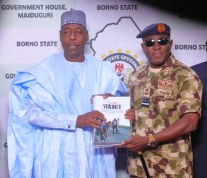 Borno State Governor, Babagana Zulum and the Chief of Air Staff, Air Marshall Hassan Bala Abubakar, during a courtesy visit at the Government House, Maiduguri, on Tuesday.