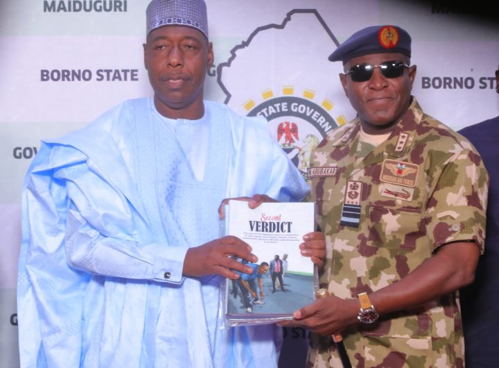 Borno State Governor, Babagana Zulum and the Chief of Air Staff, Air Marshall Hassan Bala Abubakar, during a courtesy visit at the Government House, Maiduguri, on Tuesday.