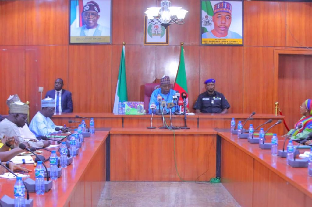 Borno State Governor, Babagana Zulum in a meeting with the President of Defence and Police Officers Wives Association (DEPOWA), Mrs. Lilian Ogogo Christopher Musa, on Monday at the Government House, Maiduguri