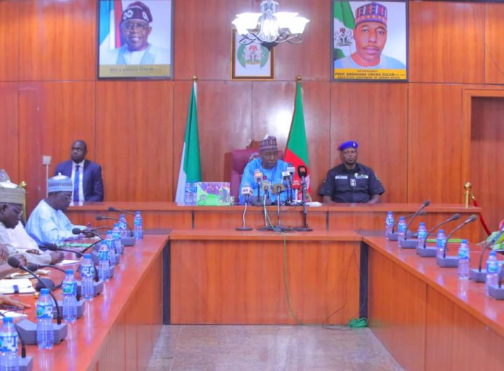 Borno State Governor, Babagana Zulum in a meeting with the President of Defence and Police Officers Wives Association (DEPOWA), Mrs. Lilian Ogogo Christopher Musa, on Monday at the Government House, Maiduguri