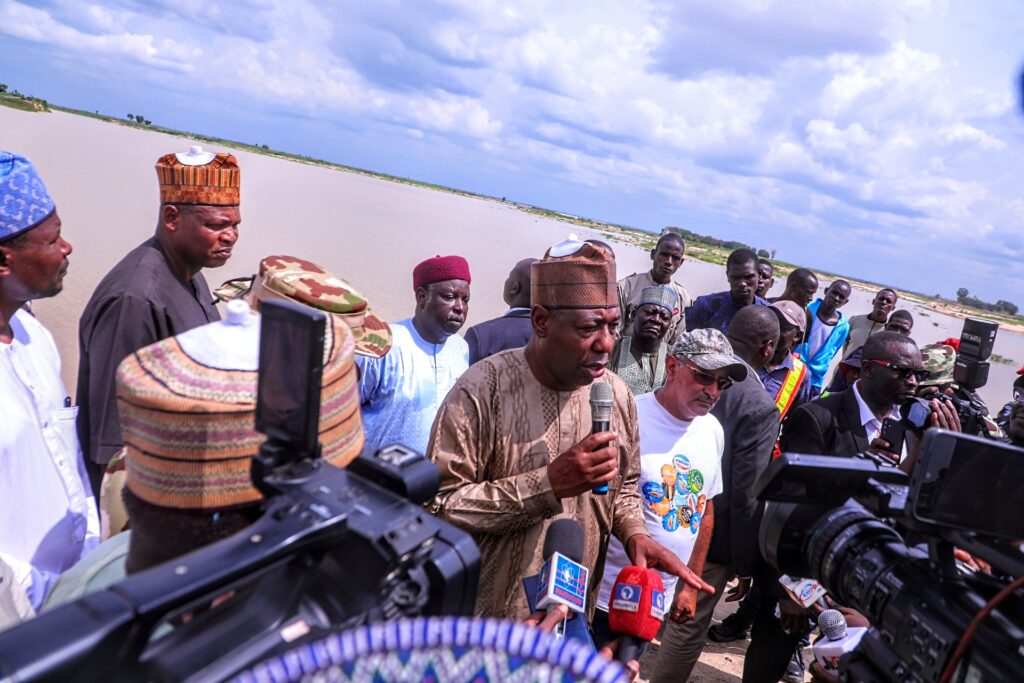 Borno State Governor, Babagana Zulum addressing newsmen shortly after assessing the Alau Dam in Maiduguri